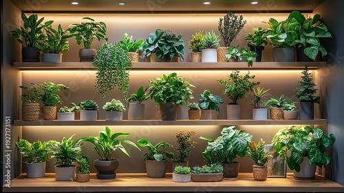 Indoor garden with lush green plants in pots on shelves, illuminated by warm lighting, creating a serene atmosphere.
