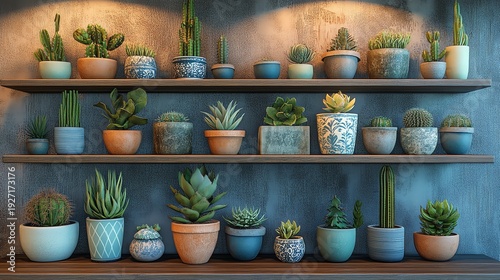 Indoor garden with lush green plants in pots on shelves, illuminated by warm lighting, creating a serene atmosphere.