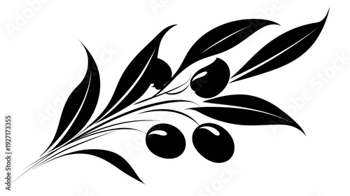 A stylized illustration features a branch with glossy black olives and leaves against a white backdrop