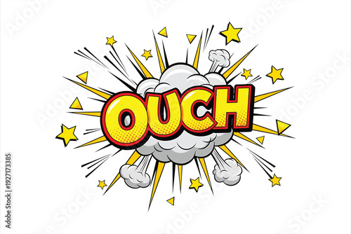 Comic style vector illustration of the word ouch surrounded by a cloud and stars, expressing pain or surprise in a cartoonish way with bold typography and vibrant colors.