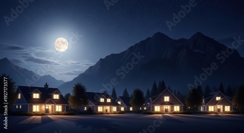 Peaceful mountain village at night, where cozy homes glow warmly under the bright full moon, set against the dramatic silhouette of distant peaks