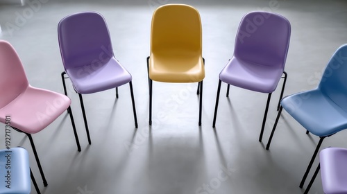 Colorful chairs arranged in a circular formation with a yellow chair as the focal point, surrounded by pink, purple, and blue chairs on a light gray floor