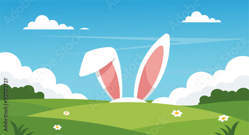 Easter bunny ears peeking out from a grassy hill on a sunny spring day