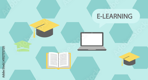 E-learning concept with graduation caps, laptop, and open book on a hexagonal background