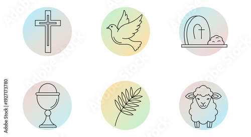 Collection of religious symbols and easter icons on a gradient background