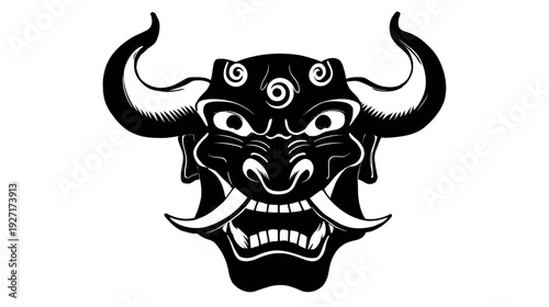 A fierce, black and white illustration of a horned mask, featuring sharp fangs and open mouth