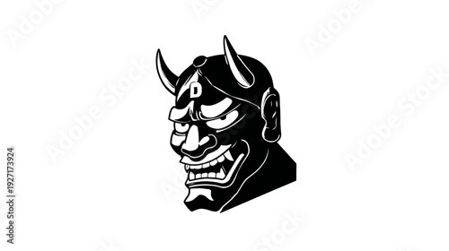 A black and white illustration of a Japanese demon mask, featuring horns, teeth, and intricate details