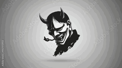 A black and white illustration of a Japanese demon face with horns, fangs, and a pipe against gray rings