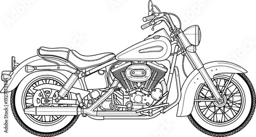 Detailed black and white line art illustration depicting a classic cruiser style motorcycle profile view ready for coloring or design use