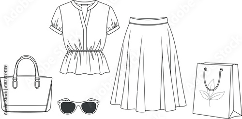 Fashion outline drawing displaying essential womenswear items including a stylish peplum blouse a flowing midi skirt a large tote bag sunglasses and a shopping bag