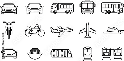 Collection of black and white outline transportation icons representing various modes of travel including cars motorcycles airplanes boats buses and trains for web design