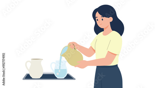 Woman filling water pitchers with calm expression on a transparent background