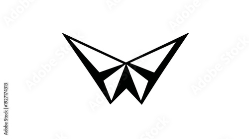 Black and white geometric abstract design. Symmetrical, with sharp angles and triangular shapes. Looks like a wing