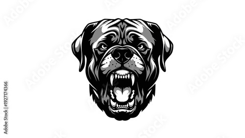 Fierce Rottweiler Dog Head, Aggressive Growl, Bared Teeth, Black and White, Vector Art