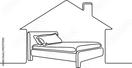 Minimalist continuous line art illustration depicting a comfortable bed with a pillow perfectly situated inside the outline of a simple house shape suggesting home comfort and sleep sanctuary.