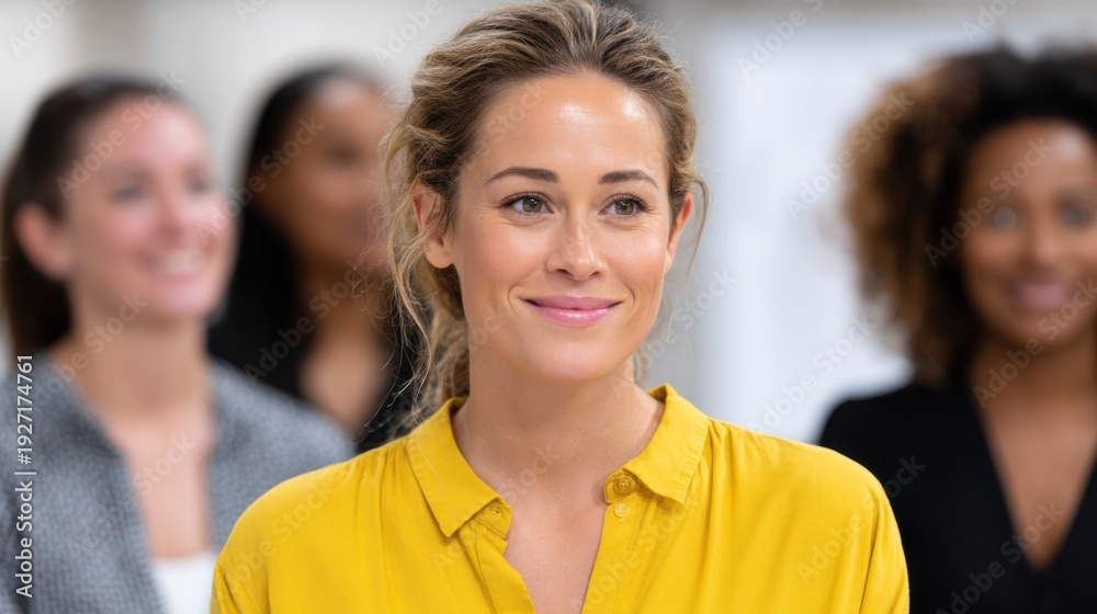 Fototapeta premium Caucasian woman in yellow blouse smiles while standing in front of a group of diverse women during a Women's Day event in a bright indoor setting