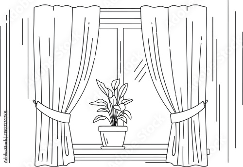 Simple line art illustration depicting a houseplant sitting centered on an interior windowsill framed perfectly by tied-back, flowing draperies against a bright background.