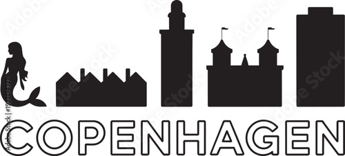 Copenhagen cityscape silhouette with mermaid castle and modern buildings Danish capital