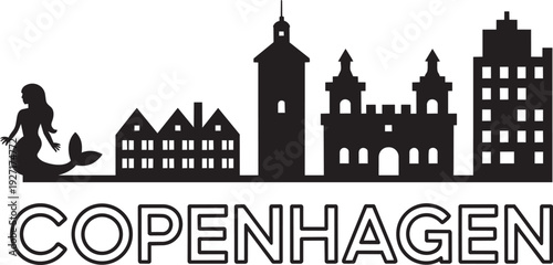 Copenhagen city skyline silhouette icon featuring mermaid statue and historic danish buildings