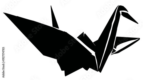Black origami bird illustration on a white background, with defined geometric lines and sharp angles