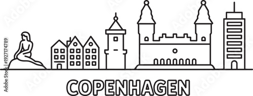 Copenhagen skyline line art illustration with mermaid statue and traditional houses in denmark