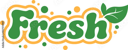 Fresh word typography logo design with green bubble letters and orange outline plus leaf element for organic food juice bar or healthy drink branding