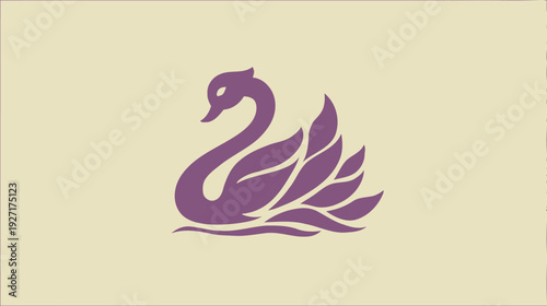 A regal purple swan silhouette, composed of curved lines, graces a beige rectangular background