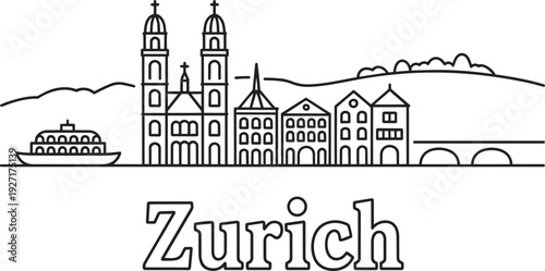 Zurich cityscape line art with landmarks and river boat famous Swiss city skyline vector