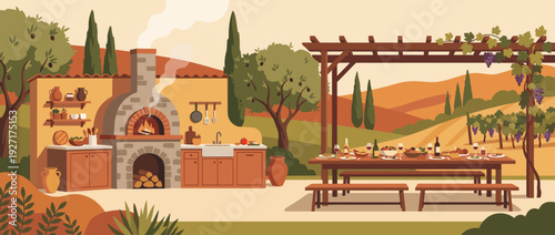 Mediterranean outdoor kitchen vector illustration featuring a wood-fired pizza oven, al fresco dining table under a grape pergola, olive trees, and scenic rolling vineyard hills in Tuscany, Italy.