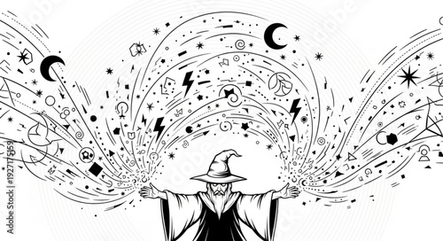 Mystical Wizard Casting Powerful Spells with Magical Energy and Symbols.