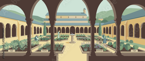 Peaceful flat vector illustration of a monastery cloister garden with herb plots of sage, thyme, and lavender. Monks tending plants in a serene courtyard with a central sundial and church building.