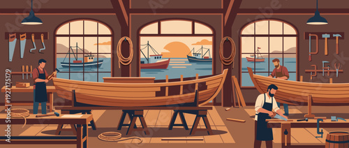 Traditional Boat Building Workshop with Craftsmen Working on Wooden Hulls Using Hand Tools, Scenic Harbor View with Fishing Boats at Sunset, Flat Vector Illustration of Maritime Craftsmanship