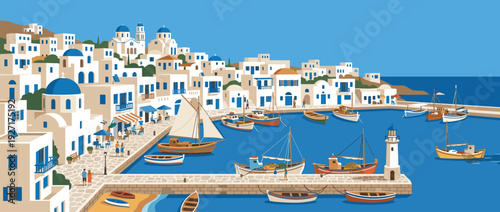 Vibrant flat vector illustration of a traditional Greek island harbor featuring iconic white buildings with blue domes, colorful fishing boats, sailboats, a lighthouse, and a scenic waterfront cafe.
