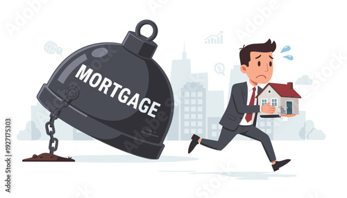 Stressed Businessman Running Away from a Massive Mortgage Weight while Carrying a Small House Model, Concept of Financial Debt Burden, Real Estate Crisis, and Economic Pressure Vector Art.
