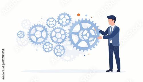 Businessman in a suit managing a complex system of gears and cogwheels, representing business workflow efficiency, strategic planning, mechanical process, and corporate management concept.