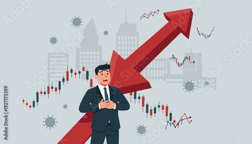 Financial Crisis and Economic Collapse Concept with Businessman Stabbed by a Falling Red Arrow Representing Stock Market Crash, Recession, and Pandemic Impact on Global Business and Investment