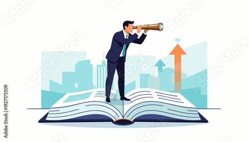 Businessman Standing on a Large Open Book Looking Through a Telescope for Future Opportunities, Research Investigation and Curiosity Concept, Visionary Leadership and Business Growth Strategy