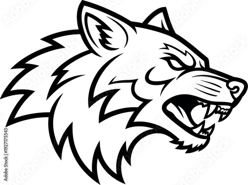 Fierce black and white snarling wolf head mascot logo design perfect for sports teams or aggressive branding needs featuring sharp angular details and an intimidating expression.