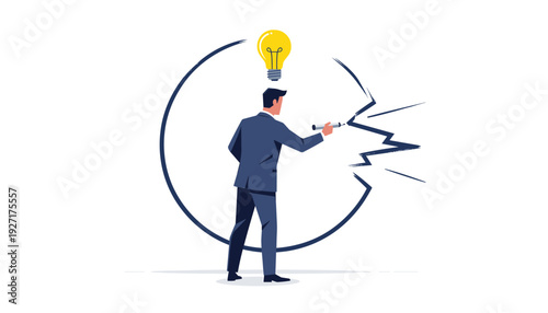 Businessman Breaking Out of a Circle with a Glowing Lightbulb Over His Head, Concept of Thinking Outside the Box, Innovation, Creative Solution, Breakthrough Idea, and Business Success Illustration