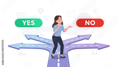 Thoughtful woman standing at a crossroad with multiple paths, contemplating between green yes and red no buttons. Concept of difficult decision making, life choices, and finding the right way.