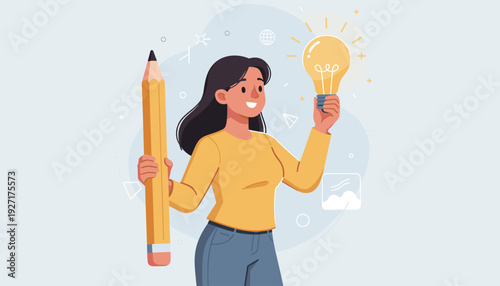 Creative Woman Holding a Giant Pencil and a Glowing Lightbulb Representing Innovation, New Ideas, Brainstorming, and Problem Solving in a Flat Vector Illustration Style for Design and Education.