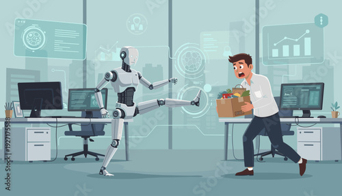 Robot employee kicks away a human worker from his job at a modern office, future concept of artificial intelligence replacing humans, job loss, automation, and technological unemployment vector.