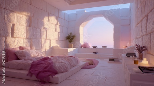 Cozy room with soft bedding and light flooding in from outside in snowy setting