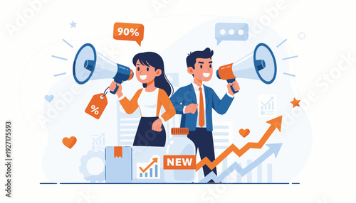 Woman and man with megaphones promoting and advertising new products for commercial marketing and sales growth. Flat vector illustration of business people announcing discounts and special offers.