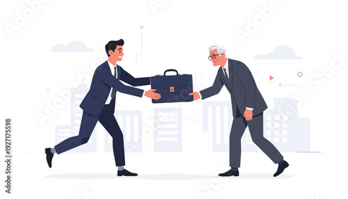 Young Businessman Replacing Senior Executive in Suit, Handing Over Briefcase. Concept of Retirement, Career Transition, Succession Planning, Leadership Handover, and Generational Change.