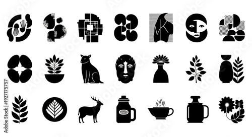 Collection of various black and white graphic icons representing different objects and symbols.