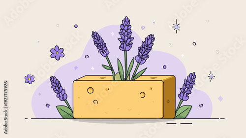 A cartoon illustration shows lavender flowers in a yellow rectangular container, with decorative elements