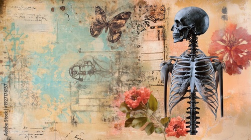 A creative collage of a human skeleton surrounded by vibrant flowers and a butterfly on a distressed background