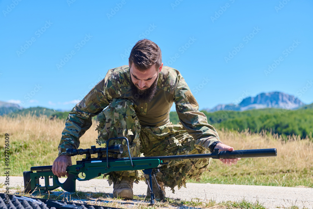 Naklejka premium Military Sniper Soldier Preparing Rifle in Open Field Landscape