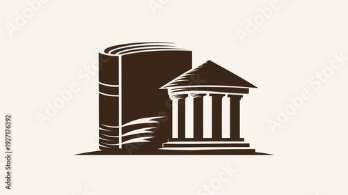 Illustration featuring a large book next to a neoclassical building, both in a dark brown hue